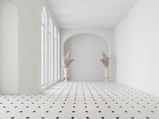 sala bianca moderna in stile classico con rendering pampas.3d - window arch white indoors foto e immagini stock