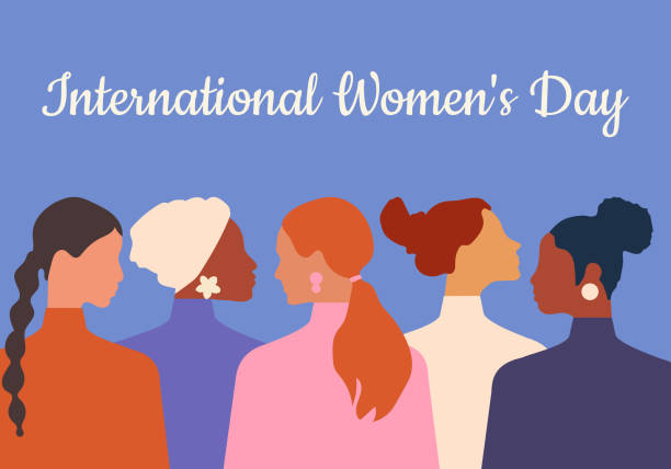 International Women's Day. Women of different ages, nationalities and religions come together. Horizontal blue poster. Vector. International Women's Day. Women of different ages, nationalities and religions come together. Horizontal blue poster. Vector. silhouette mother child crowd stock illustrations