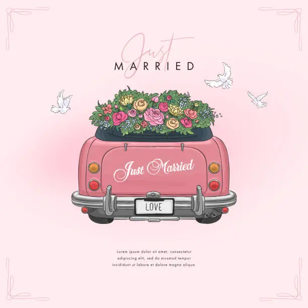 Vector illustration of Wedding square banner design template with hand drawn wedding car. Vector illustration