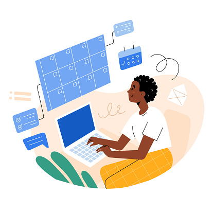 Young woman using laptop, working on project, managing tasks, organizing, scheduling in calendar, creating lists, taking notes, personal planner concept, isolated vector illustration, flat cartoon