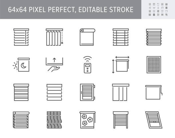 ilustrações, clipart, desenhos animados e ícones de ícones da linha das cortinas da janela. a ilustração vetorial inclui ícone - rede de mosquitos, rolo, rolos motorizados automáticos, medição, pictograma de contorno solar para jalousie. 64x64 pixel perfect, traço editável - blinds wood bathroom indoors