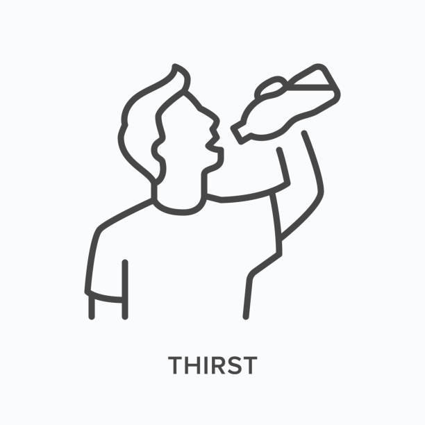 illustrazioni stock, clip art, cartoni animati e icone di tendenza di icona della linea piatta della sete. illustrazione vettoriale dell'uomo con bottiglia d'acqua. pittogramma lineare sottile nero per il sintomo della malattia - thirsty