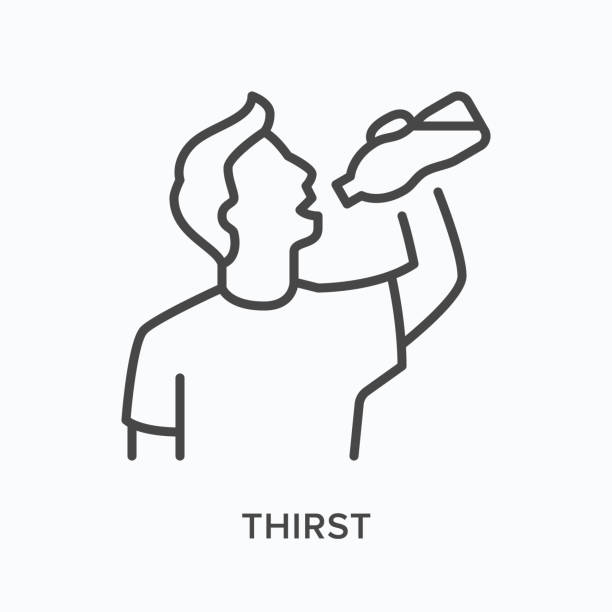Thirst flat line icon. Vector outline illustration of man with bottle of water. Black thin linear pictogram for illness symptom Thirst flat line icon. Vector outline illustration of man with bottle of water. Black thin linear pictogram for illness symptom. thirst quenching stock illustrations