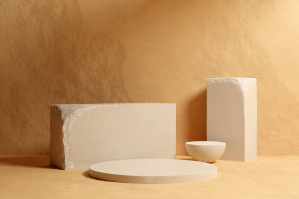 istock Beige sandstone podium mockup 1409421219