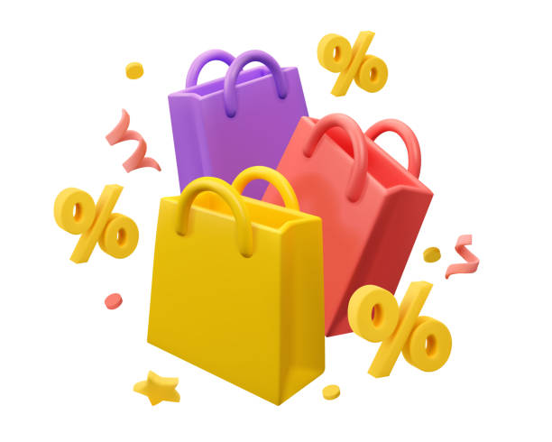 ilustraciones, imágenes clip art, dibujos animados e iconos de stock de icono de la bolsa de compras 3d - shopping