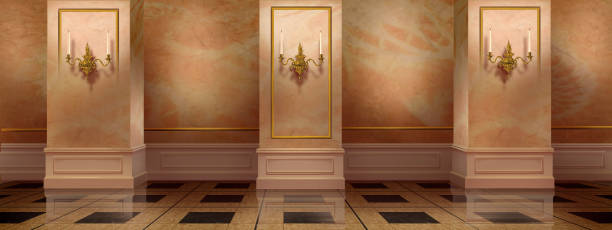 Gallery with columns in the palace Palace hall interior with columns in retro style. Digital Painting Background, Illustration. marble table background stock illustrations