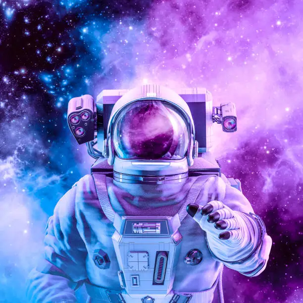 3D illustration of man in space suit inside softly glowing pink and blue galactic cloud