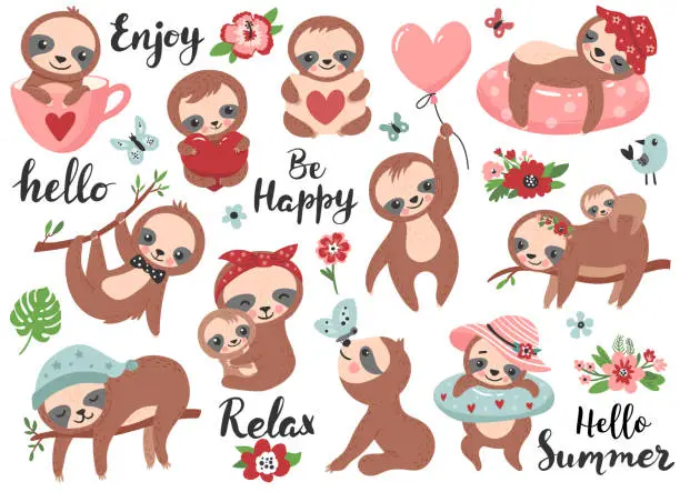 Vector illustration of Cute sloth with calligraphy quotes.