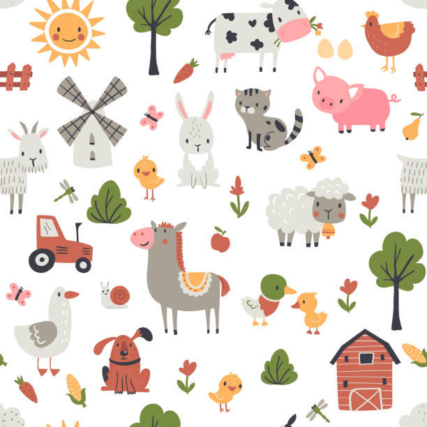 illustrazioni stock, clip art, cartoni animati e icone di tendenza di modello infantile senza soluzione di continuità con animali da fattoria. - farm animal cartoon cow