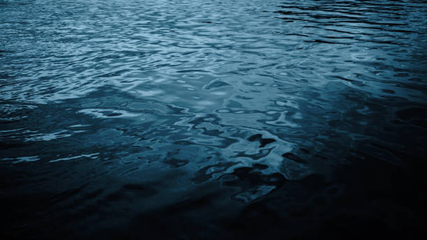 黒い青い水の背景。光の反射。波。波紋。夜。デザインのためのスペースを持つ暗い劇的な海面の背景。 - 静水 ストックフォトと画像