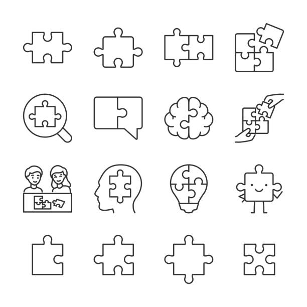 퍼즐 아이콘 세트. 퍼즐 조각, 부품, 선형 아이콘 컬렉션. 편집 가능한 획이 있는 선 - solution jigsaw piece jigsaw puzzle problems stock illustrations