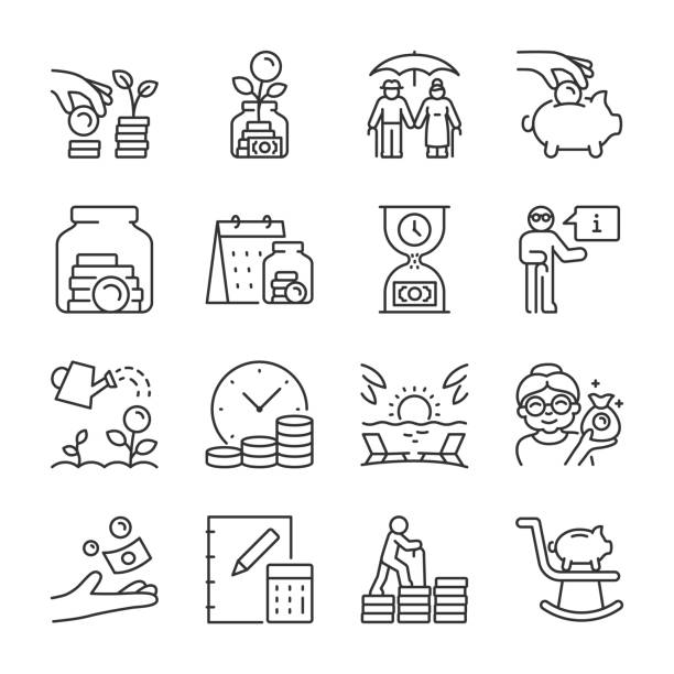 retirement or pension icons set. retirement cash savings. old man with money, seniority pay, linear icon collection. line with editable stroke - emeklilik stock illustrations