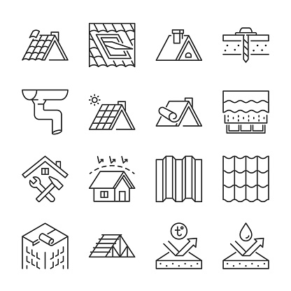 Roof icons set. Construction and roofing repair of the roof of the house. Property and characteristics of different types of roofs. Layers of materials, tools, linear icon. Editable stroke