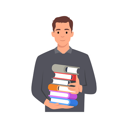 young man holding a pile of educational books in hands. Smiling student carrying huge stack of books. Student holding pile of books. Flat vector illustration isolated on white background