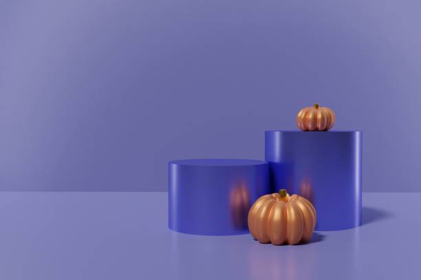3d-rendering von lila podesten mit orangefarbenen kürbissen auf violettem hintergrund - riesenkürbis grafiken stock-fotos und bilder