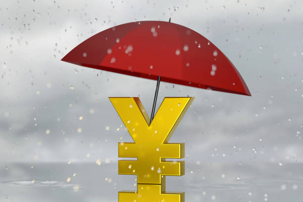 parapluie protégeant le symbole yen contre la pluie - security umbrella rain currency photos et images de collection