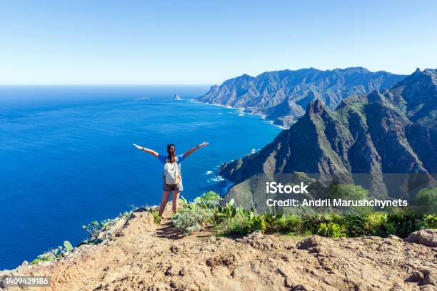 Woman Hiker Watching Beautiful Costal Scenery Tenerife Canary Islands Spain Coast View Mountain Anaga Stock Photo - Download Image Now