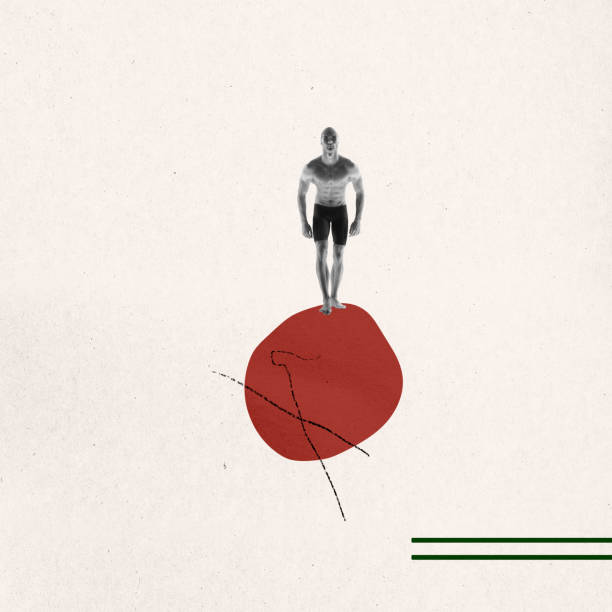 istock Creative collage. Minimalism. Male swimmer getting ready to jump isolated over light background with geometric elements. Modern design. Sport concept 1409430362