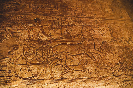 Ancient Egyptian Drawing on the Walls of the Great Temple at Abu Simbel, Egypt