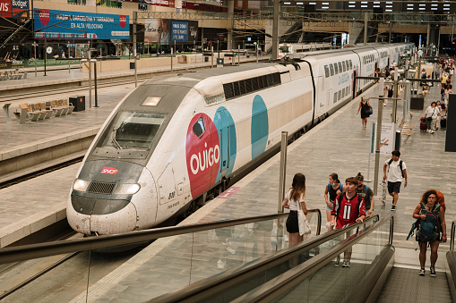 Zaragoza, Spain - 22 June 2022: A OUIGO high speed train inside Zaragoza railroad station