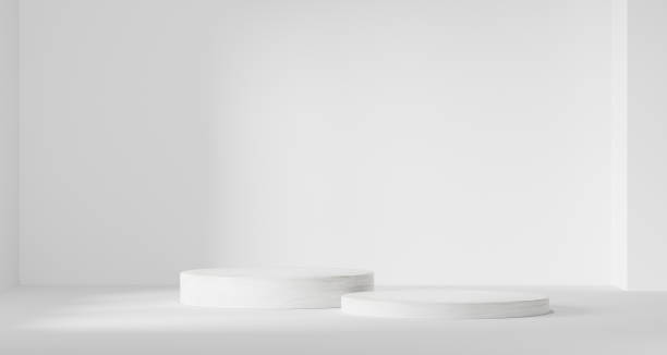 istock 3d background products Show pedestal scenes with geometric platforms white background. with podium. Stand to display cosmetic products on stage. 3D rendering. 1409431336