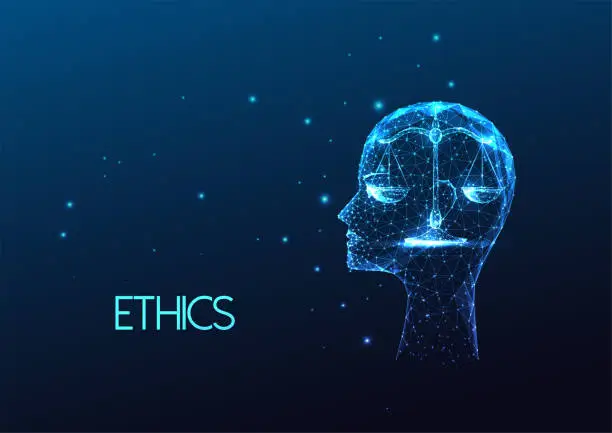 Vector illustration of Concept of personal ethics, core values with human head and scale symbol in futuristic glowing style