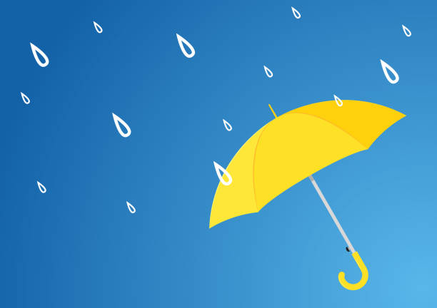 istock Yellow umbrella vector. Open yellow umbrella on blue background. Protection against falling rain. Vector illustration - safety and security concept. 1409431581