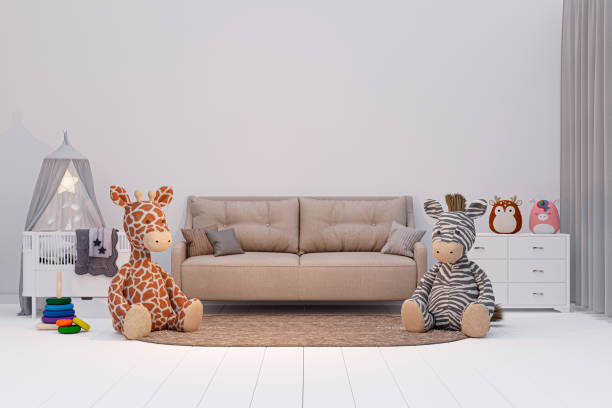 3d-gerenderte illustration eines kinderzimmers mit stofftieren. - tipi bett stock-fotos und bilder