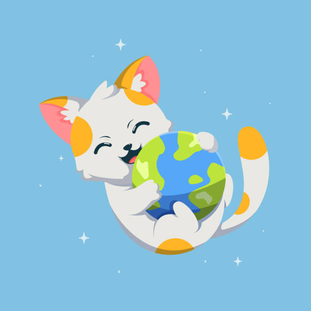 istock Cute cat playing with earth planet cartoon vector icon illustration. Animal Mascot concept illustration. Flat cartoon style 1409432093