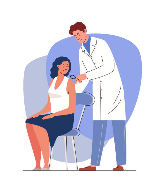 Concept of Dermatology, Skin Diseases. Doctor examines changes in patient's skin through magnifying glass. Consultation and diagnostics of dermatological diseases. Characters in colored flat vector illustration. skin exame stock illustrations