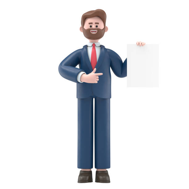 3d-иллюстрация улыбающегося бизнесмена боба, держащего белую доску, изолированную на прозрачном фоне. 3d векторная иллюстрация персонажей л� - showing off illustrations stock illustrations
