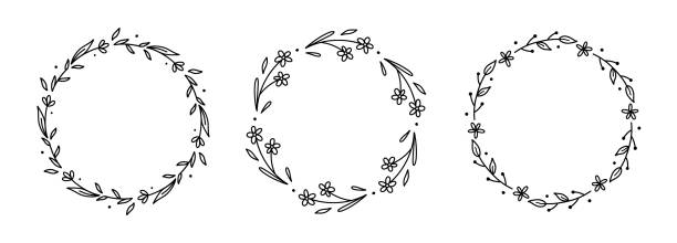 ilustrações de stock, clip art, desenhos animados e ícones de set of floral wreath isolated on white background. round frames with flowers and leaves. vector hand-drawn illustration in doodle style. perfect for cards, invitations, decorations, logo. - coroa de flores
