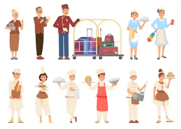 Vector illustration of Hotel team. Professional service staff, waiter, hospitality people, kitchen workers. Cartoon cleaner and receptionist, tourism occupations decent vector set