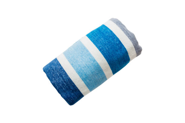 istock Summer beach blue stripes towel isolated top view .Folded nautical print cloth 1409433585
