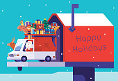 istock Santa Claus driving van with gifts on mailbox 1409434602