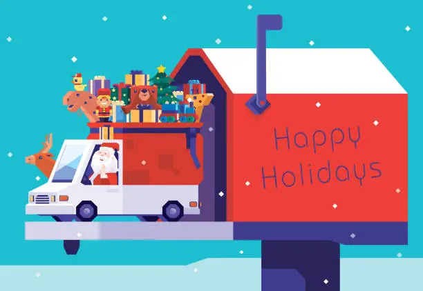 Vector illustration of Santa Claus driving van with gifts on mailbox