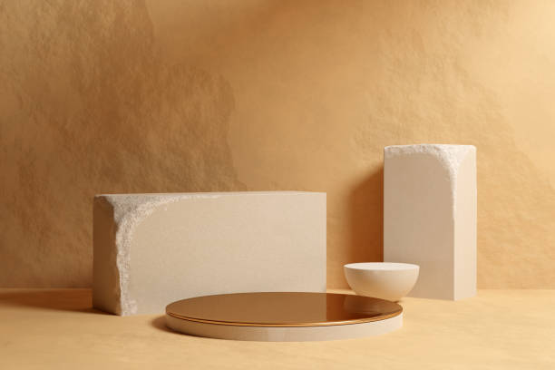 istock Beige sandstone podium mockup 1409434659
