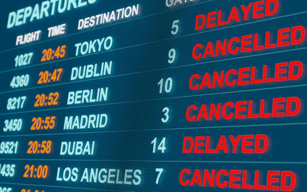 Airport flight table. Cancelled flights to Dublin, Berlin, Madrid or Dubai. Close up monitor with flight departure board. Flights are cancelled or delayed. International airport, tourism and travel concept. 3D illustration waiting stock pictures, royalty-free photos & images