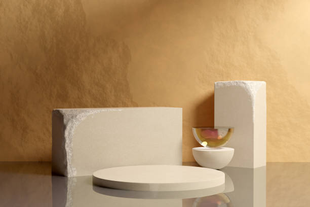 istock Beige sandstone podium mockup 1409434727