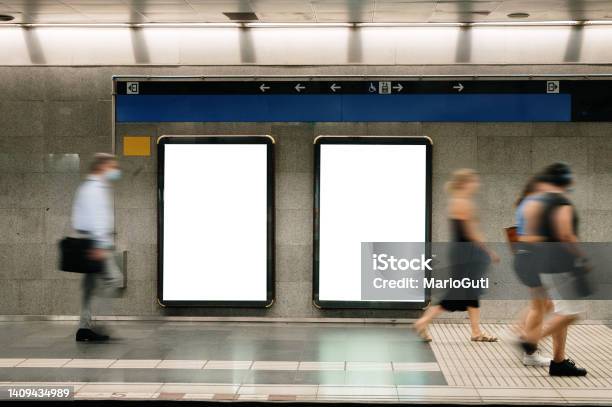 Two Blank Billboard In A Subway Station Stock Photo - Download Image Now - Billboard, Template, Poster