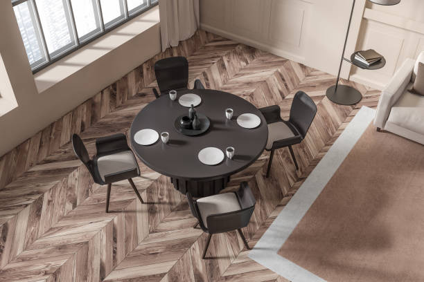 istock Top view of dining interior with table and chairs, panoramic window 1409435255