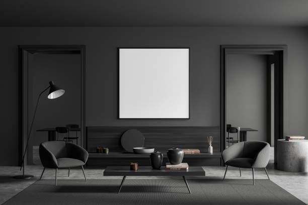 istock Grey living room interior with chairs and decoration, dining area and mockup frame 1409435350