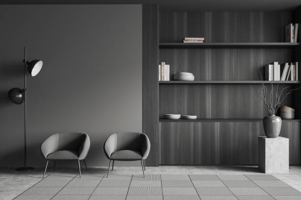 istock Grey relax interior with two chairs and shelf, mockup wall 1409435447