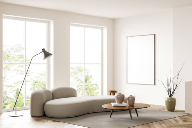 istock Light chill room interior with couch near panoramic window. Mockup frame 1409435488