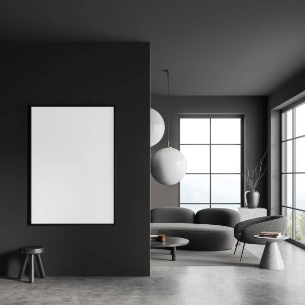 istock Grey guest room interior with couch and seat, window and mockup frame 1409435508