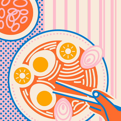 Ramyun or ramen. Traditional Asian, Japanese, Korean meal with noodles, eggs, mushrooms, chopsticks and broth. Cartoon colorful vector illustration