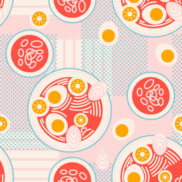 Ramyun or ramen. Traditional Asian, Japanese, Korean meal with noodles, eggs and broth. Cartoon colorful vector seamless pattern, background, print vector art illustration