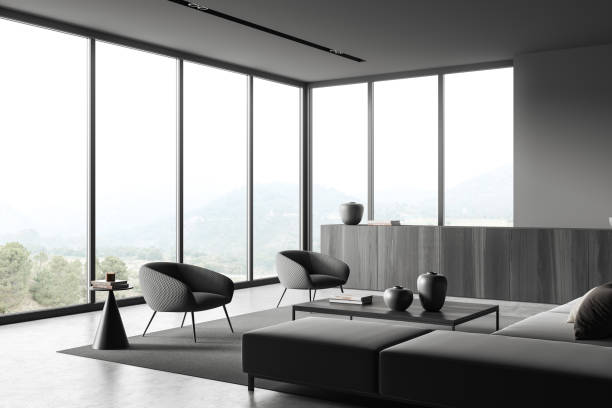 istock Grey chill room interior with armchair and drawer, panoramic window 1409436450