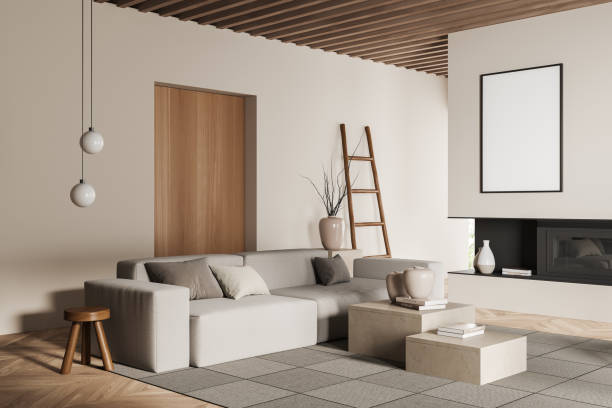 istock Light living room interior with couch and fireplace, mockup canvas 1409436524