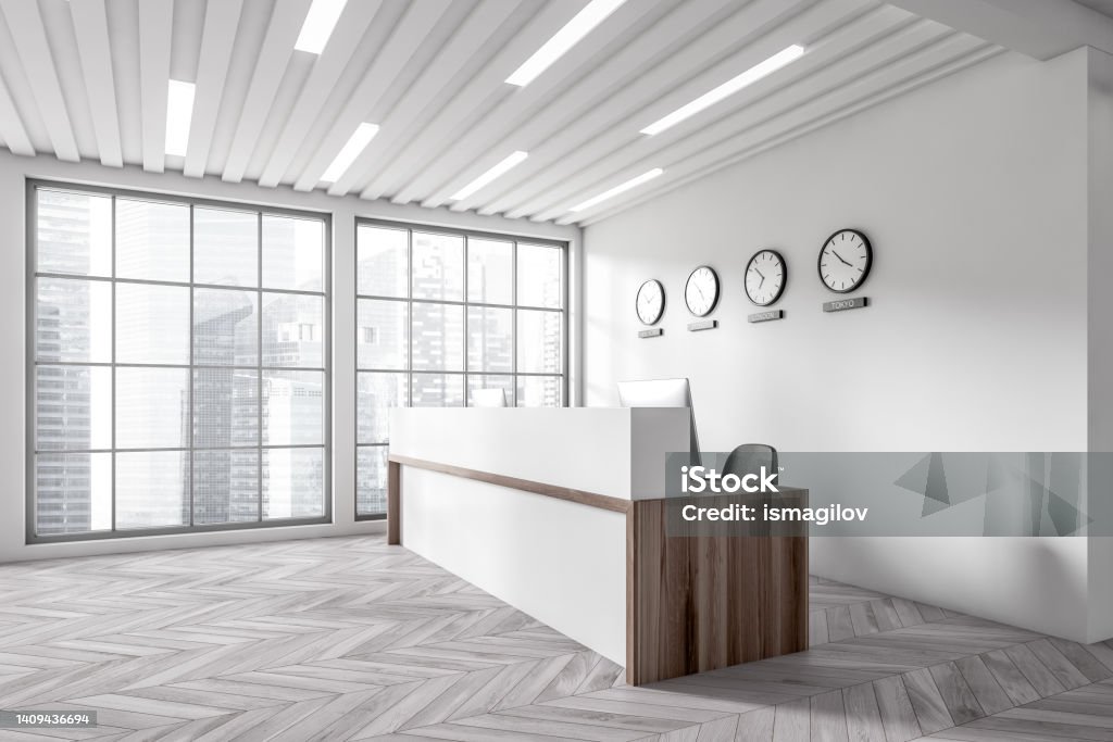 Computer. Below Reception Window Light Reception Interior Desk With Computer And Clocks Panoramic Window ...